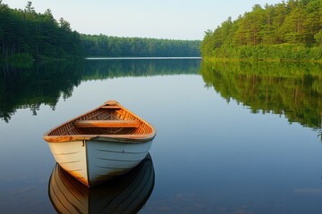 Fototapeta premium Serene Lakeside Scene with Wooden Boat