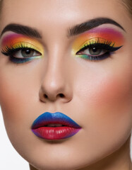Naklejka premium A woman’s upper half with colorful rainbow makeup, bold lipstick, black eyeshadow, and vibrant details.