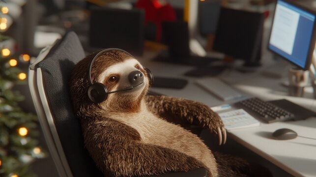 Sloth in customer service role modern office digital artwork bright environment relaxed viewpoint fun concept
