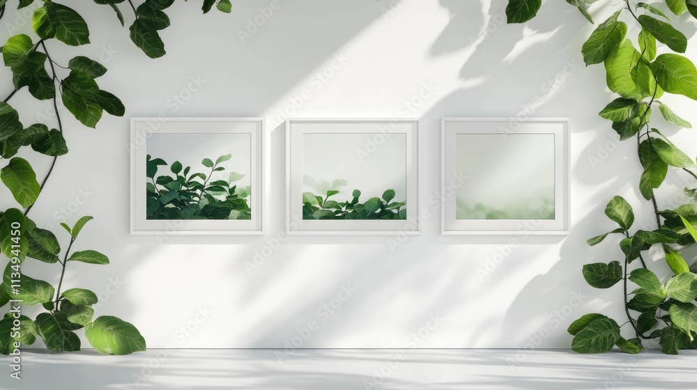 Poster horizontal landscape mockup with realistic signage and picture frames surrounded by greenery on a br