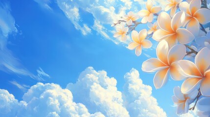 Fototapeta premium Frangipani Flowers Against a Bright Blue Sky Symbolizing Love Passion and Tranquility with Soft Clouds in the Background