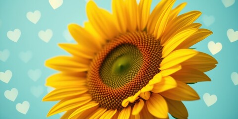 Fototapeta premium A vibrant sunflower with a spiral center against a soft blue backdrop with scattered heart shapes.