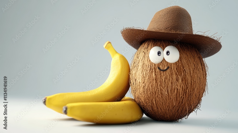 Poster coconut character with a smiling face wearing a straw hat, next to two ripe bananas, isolated on a c