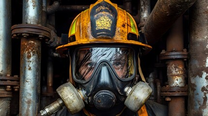 Fototapeta premium Protective firefighter mask, scratched visor close-up, surrounded by factory pipes.