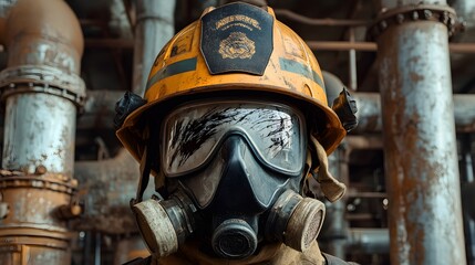 Fototapeta premium Protective firefighter mask, scratched visor close-up, surrounded by factory pipes.
