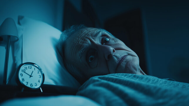 Elderly individual lying in bed with wide-open eyes, displaying distress, beside a bedside clock in a dimly lit room, highlighting sleep disturbance.