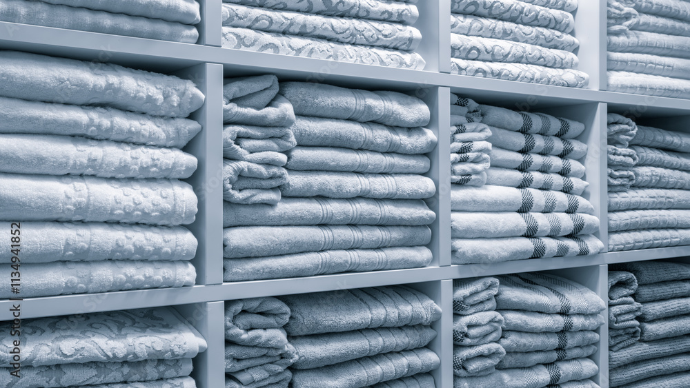 Poster a white shelf with many white towels stacked on top of each other. the towels are folded and stacked