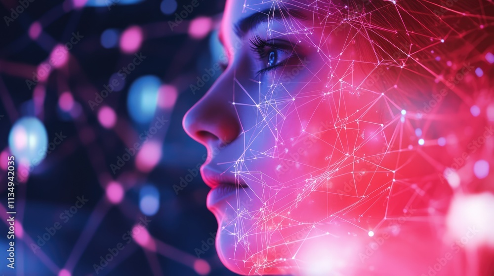 Poster digital interface overlay on a woman's profile representing global data connections and advanced tec