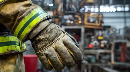 Close-up of firefighter gloves, worn material texture, machinery in factory setting.