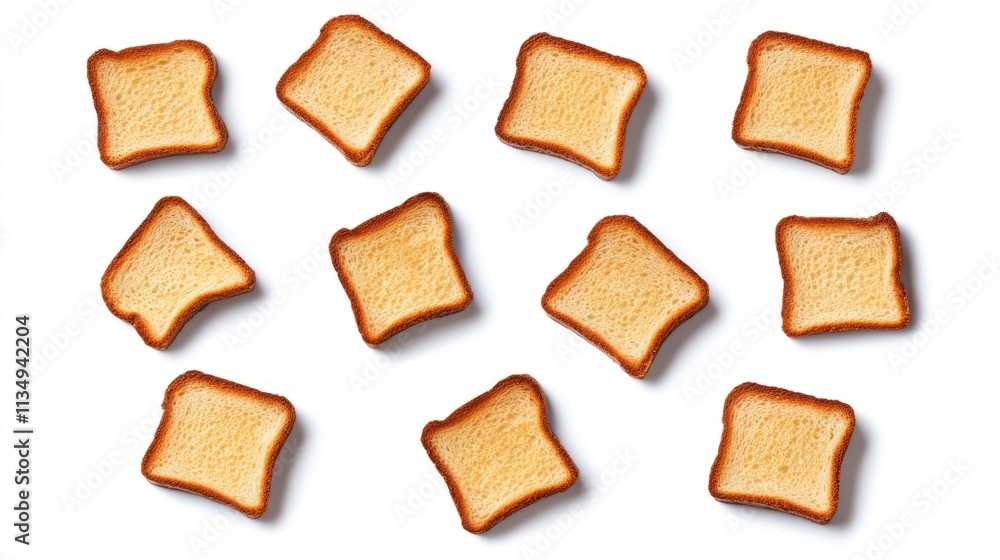 Poster assorted slices of toast bread arranged on a white background showcasing various shapes and textures