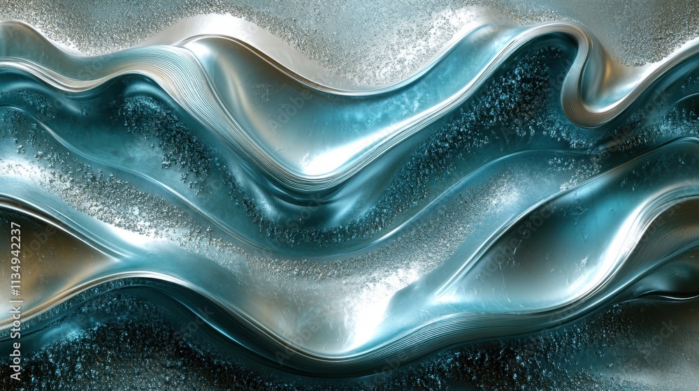Poster curved waves of shimmering blue and silver textures create a mesmerizing pattern reminiscent of ocea