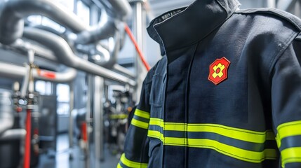 Obraz premium Close-up of firefighter suit fabric and safety stripes, pipes and machinery around.