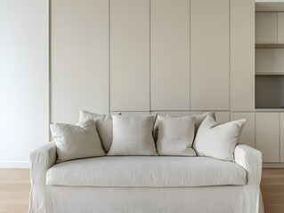Fototapeta premium A minimalist living room featuring a light-colored sofa with cushions against a neutral backdrop.