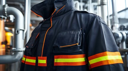 Close-up of firefighter suit fabric and safety stripes, pipes and machinery around.