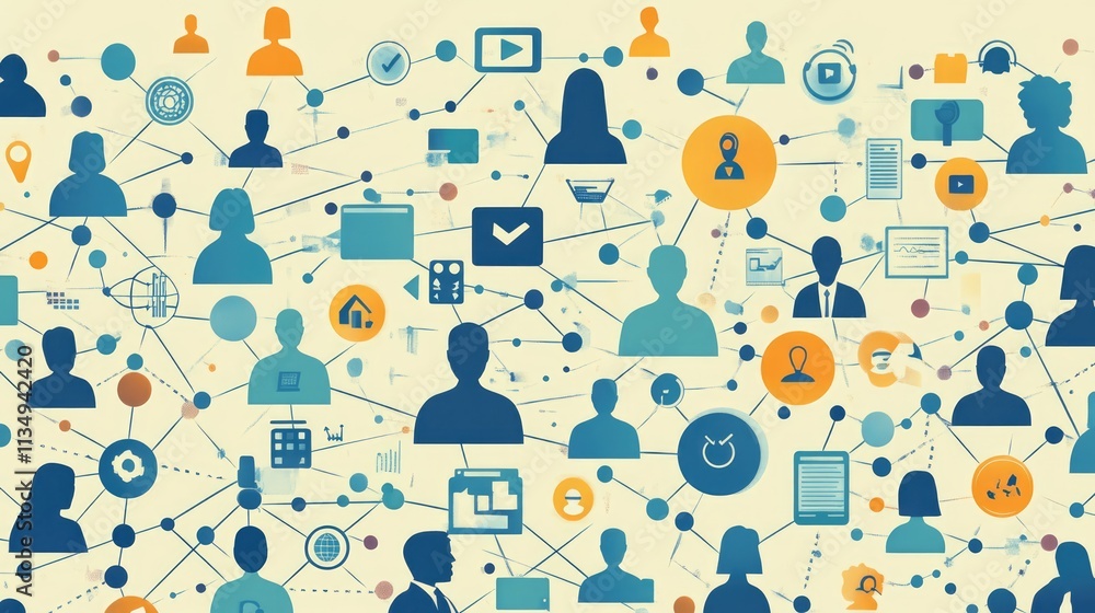 Aufkleber social network connections with communication technology icons depicting iot and digital interaction