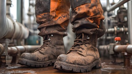 Rugged firefighter boots and dusty pant legs, machinery and pipes in background.