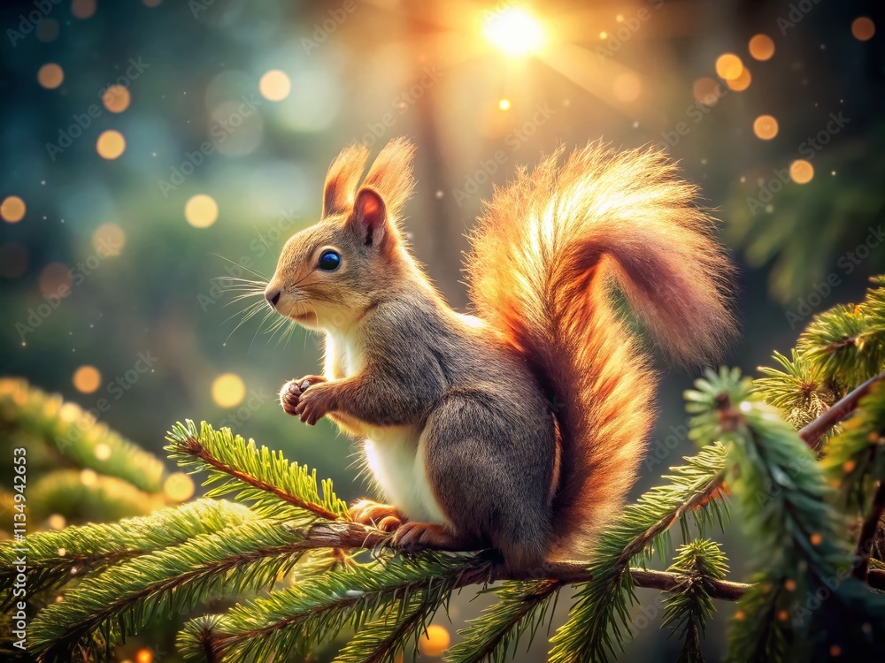 Poster enchanting scene of a handmadrrel grooming its tail on a spruce branch with a beautiful bokeh effect