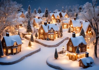 Small mini village covered in snow with bright lights shining from the houses on white light background