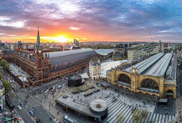 A aerial (drone) shot of St. Pancras and Kings Cross Railway Stations, London.  