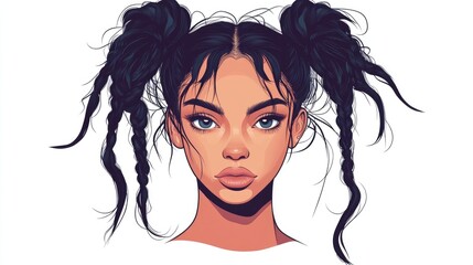 Stylish young woman with pigtails and expressive features against a clean white background perfect for beauty and fashion themes