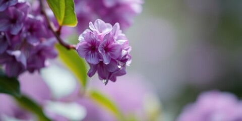 Obraz premium A single delicate blossom with a dewdrop clinging to its petals, a moment of serene beauty amidst a symphony of purple hues.