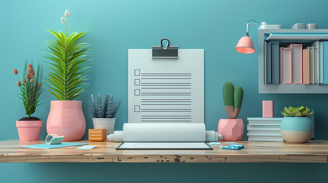 Organized Workspace: A minimalist desk with a blank checklist on a clipboard, surrounded by potted plants and books.  The vibrant color scheme evokes a sense of calm and productivity.
