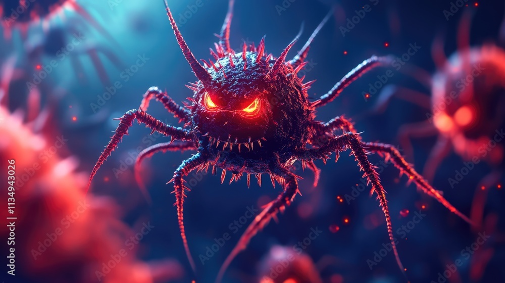 Poster digital representation of a malevolent computer virus or malware concept in a cybersecurity environm