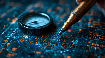 Precision and Detail: A close-up shot reveals a compass and a precise drawing instrument meticulously positioned on a detailed technical blueprint.