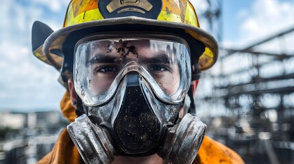 Rugged firefighter mask, scratches on lens, industrial backdrop with metal structures.
