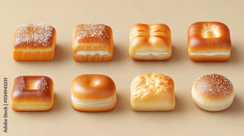 Poster fluffy square and round bread varieties topped with white sesame seeds on a neutral background for f