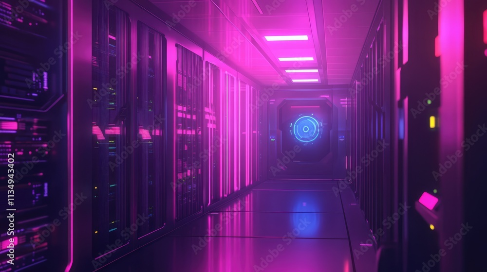 Poster futuristic server room with illuminated data center racks showcasing advanced technology and vibrant