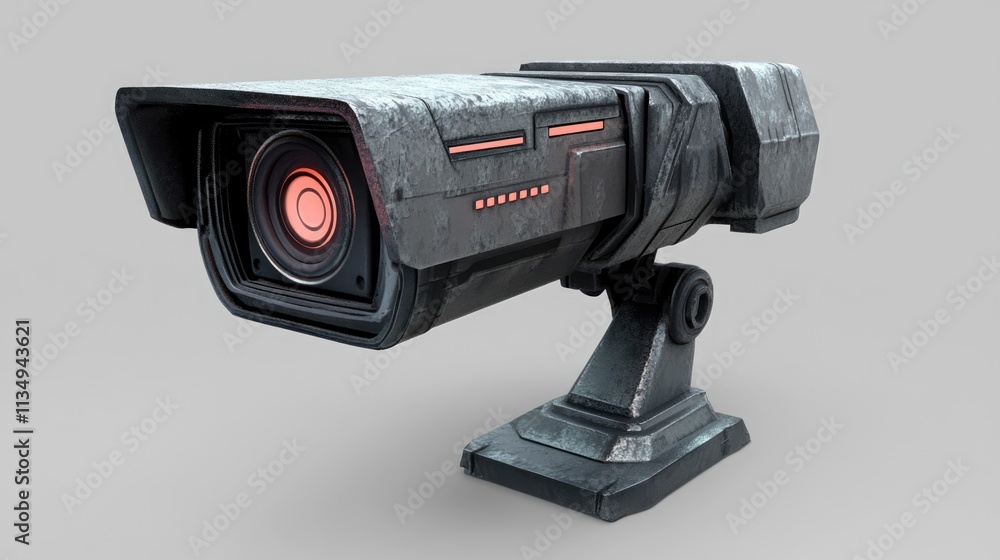 Poster modern surveillance camera with sleek design and red indicators on a sturdy base for security applic
