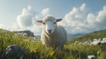 Obraz premium Fluffy sheep grazing in a lush green meadow, facing the camera with a serene expression, surrounded by wildflowers and soft clouds, wildlife, nature, pastoral scene.