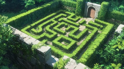 Aerial view of a lush green hedge maze with a stone entrance.