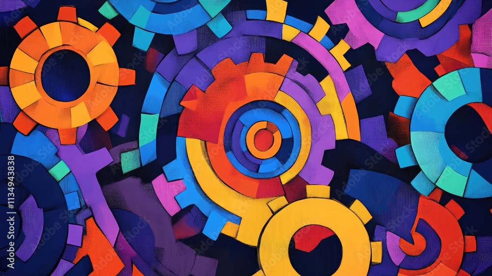 Poster vibrant abstract artwork featuring interlocking gears in a spectrum of bold colors. a captivating vi