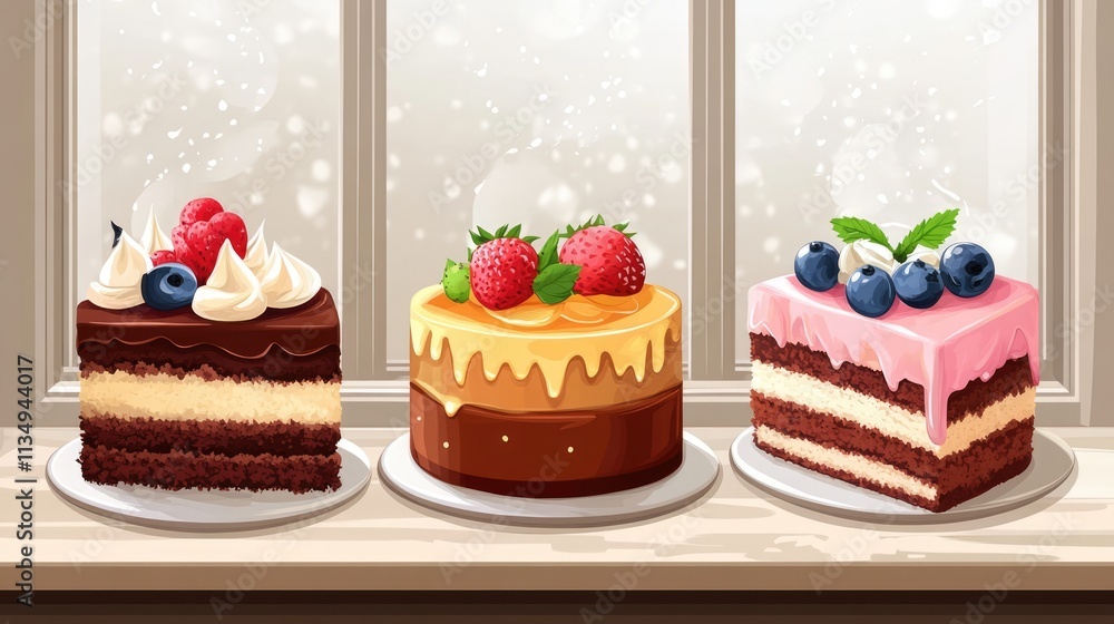 Poster delicious assortment of layered cakes with various fillings displayed on a windowsill in a cozy dess