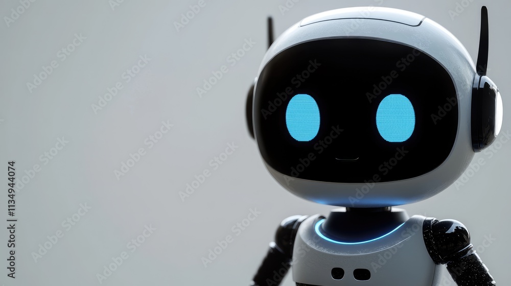 Poster chatbot robot with glowing blue eyes showcasing artificial intelligence and digital technology for b