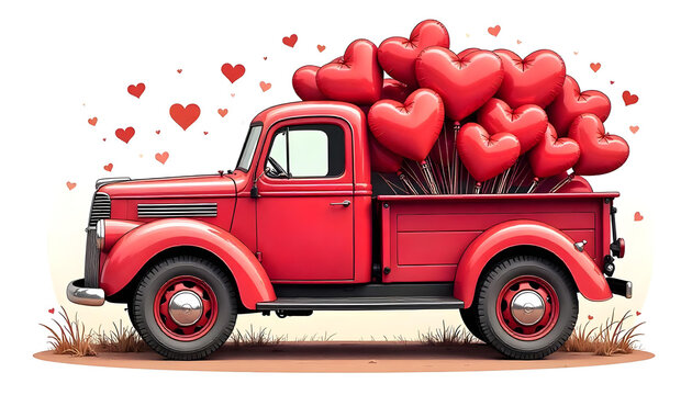 red truck with hearts, vintage valentine truck with heart balloons, valentine's day heart shape balloons