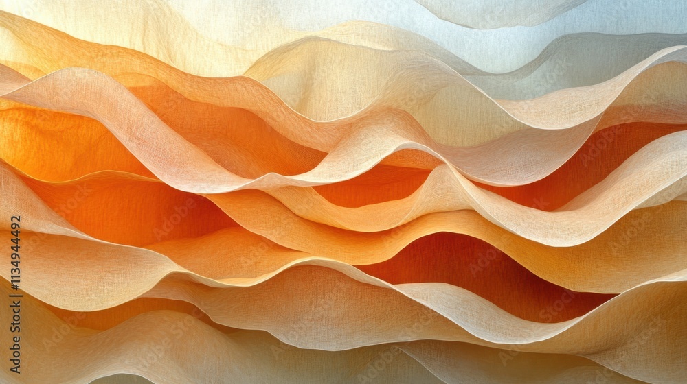 Poster waves of color flow in delicate paper layers creating a serene abstract landscape