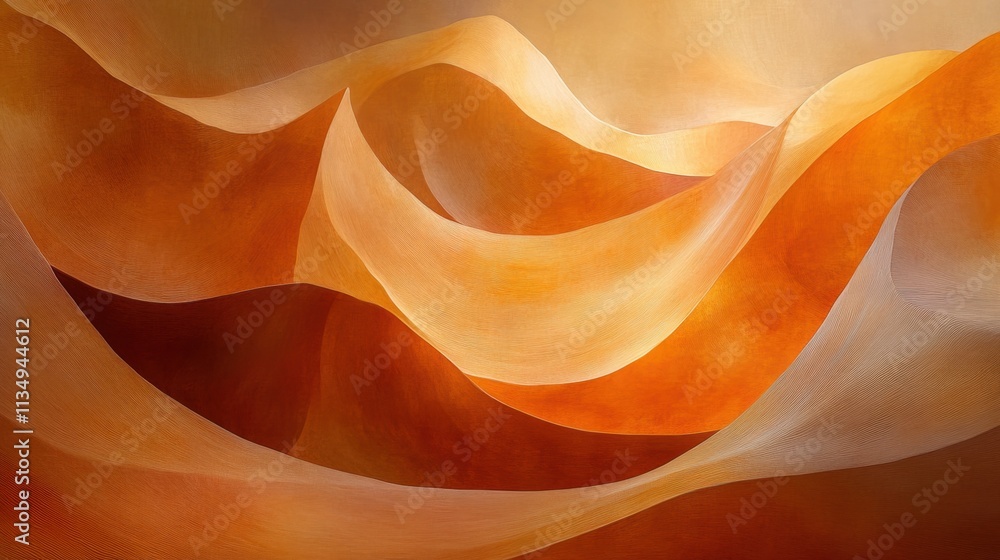 Poster swirling waves of warm hues create an abstract landscape with flowing lines and soft gradients in ar