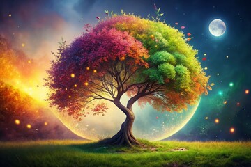 Enchanting Yin Yang Fantasy Tree with Lush Leaves Embracing Nature's Balance, Captured in a Breathtaking Scene with Ample Copy Space for Creative Use