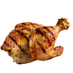  A roasted chicken leg and thigh, with the skin crispy and golden brown. The chicken is cooked to perfection, with visible grill marks. The meat is succulent and juicy. 