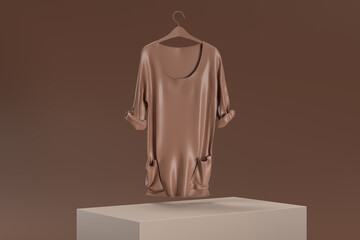 A brown shirt with a pocket hanging out of the sleeve