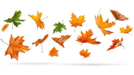 Obraz premium Colorful autumn leaves floating against a pristine white background ideal for seasonal themes nature motifs or decorative uses