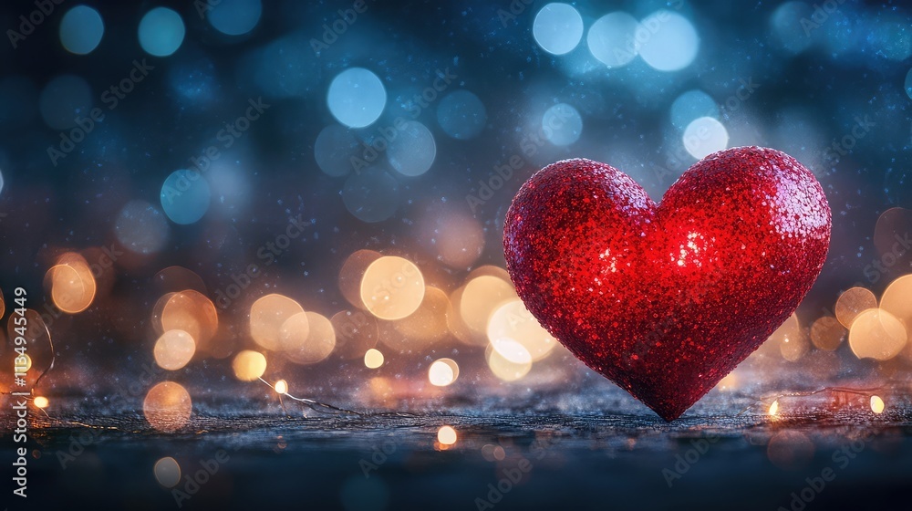 Poster a sparkling red heart sits on a dark surface, illuminated by warm and cool bokeh lights. romantic an