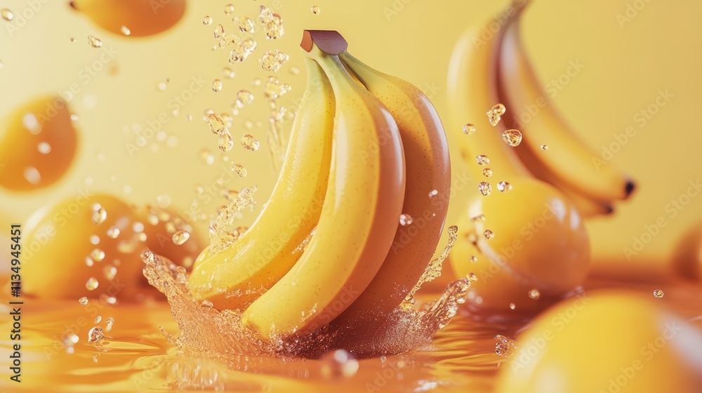 Poster fresh bananas splashing in orange juice with vibrant droplets creating a dynamic and appetizing visu