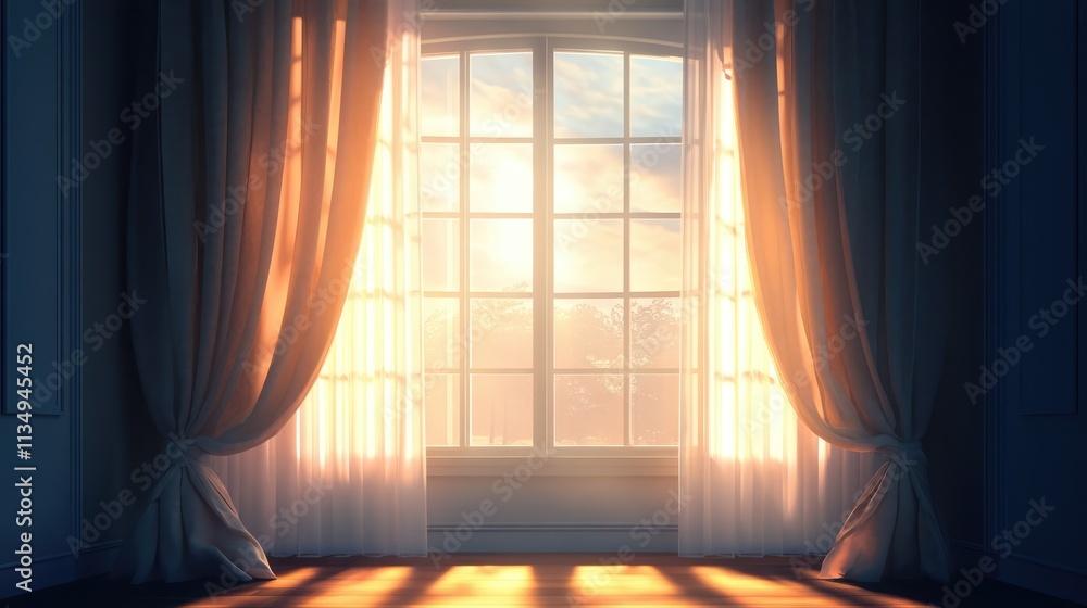 Poster bright morning light streaming through a large window, illuminating soft white curtains and creating