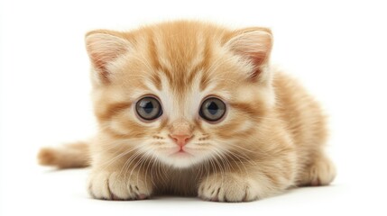 Obraz premium Scottish fold kitten with striking blue eyes lying on a white background looking inquisitive and adorable