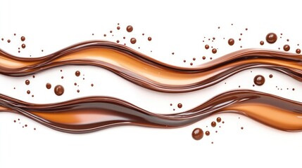 Liquid chocolate wave patterns with splashes on a white background perfect for dessert and confectionery themed designs and advertisements