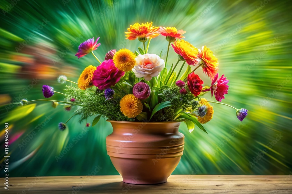 Poster enigmatic abstract flowers in a pot on a lush green background captured with long exposure technique